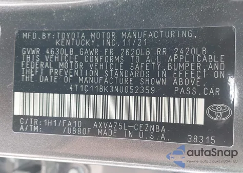 2022 Toyota Camry Le Awd из США, поврежденный, VIN 4T1C11BK3NU052359